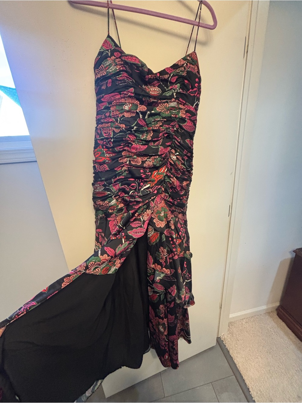 Ruched Floral Spaghetti-Strap Evening Dress in Black & Pink